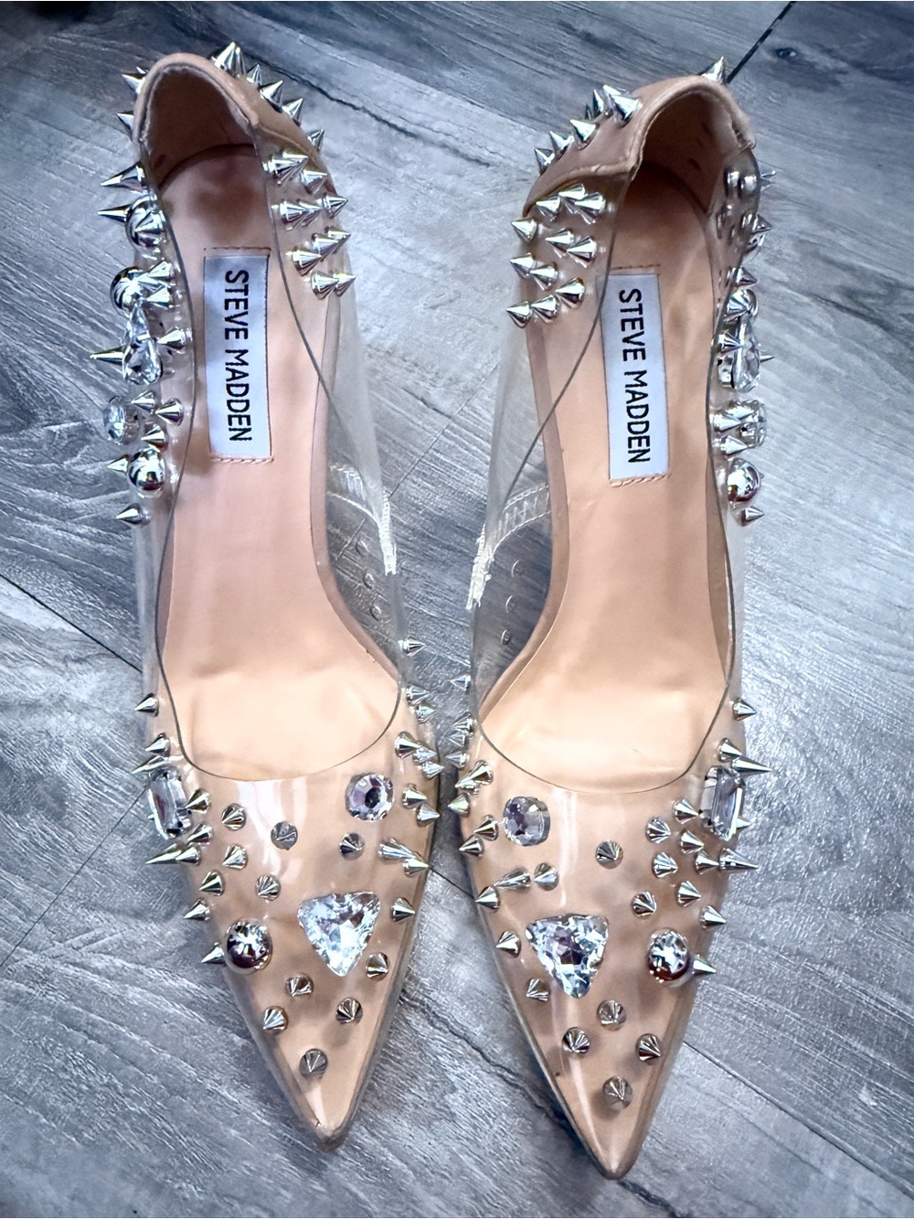Steve Madden Nude/Clear Pointed Spike & Crystal Embellished Pumps